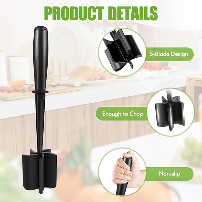 Meat Chopper, Heat-Resistant Ground Beef Chopper Tool, 5 Curved Blades Meat Choppers for Ground Beef Hamburger Turkey, Mix and Chop Kitchen Tool