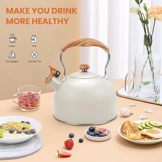 Tea Kettle Stovetop, 2.6Qt Whistling Tea Pots for Stove Top, Heat-resistant Folding Handle，Cute Teapot(Beige)