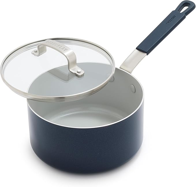GreenPan x Bobby Flay 2.5QT Nonstick Saucepan with Glass Lid, PFAS-Free Diamond Ceramic, Induction Suitable, Stay-Cool Silicone Handle, Easy Clean Dishwasher & Oven Safe, Chef Pan, Oxford Blue
