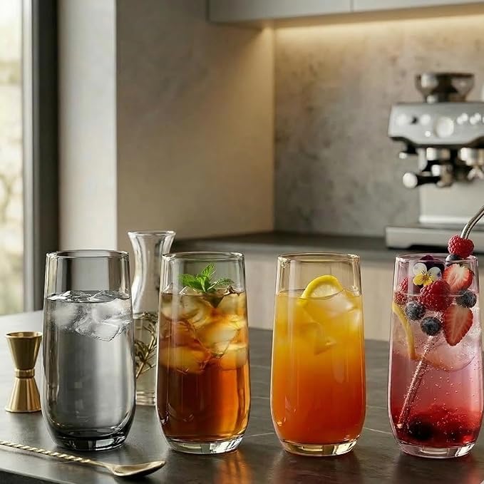 Smokey Sand Drinking Glasses Set of 6 | Translucent Brown Glassware | 16 oz Brown Glass Cups | Highball Drinkware for Cocktails, Long Drink, Mojito, Juice, Soda | Modern Tortoise Drinkware