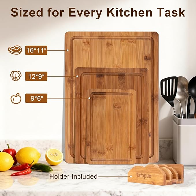 Cutting Board Set with Holder, Space Saving Kitchen Bamboo Chopping Boards, Build in Juice Groove and Grip Handle, Durable Wooden Serving Board for Meal Prep & Charcuterie, Gift Idea