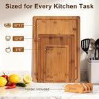 Cutting Board Set with Holder, Space Saving Kitchen Bamboo Chopping Boards, Build in Juice Groove and Grip Handle, Durable Wooden Serving Board for Meal Prep & Charcuterie, Gift Idea