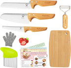 Kibbidea Kids Safe Knife set for Real Cooking, 11-Piece Kids Cutting Board & Kitchen Knife Set, BPA-free, Stainless Steel Blade, Wooden Handle, Peeler & Gloves, Serrated Child Friendly Chef Knives.