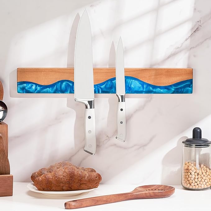 ENOKING 16 Inch Magnetic Knife Holder for Wall, Acacia Wood & Blue Resin Magnetic Knife Strip, Powerful No-Drill Adhesive or Screws Mount, Kitchen Knife Bar Storage Rack ("Ocean" Blue Resin)