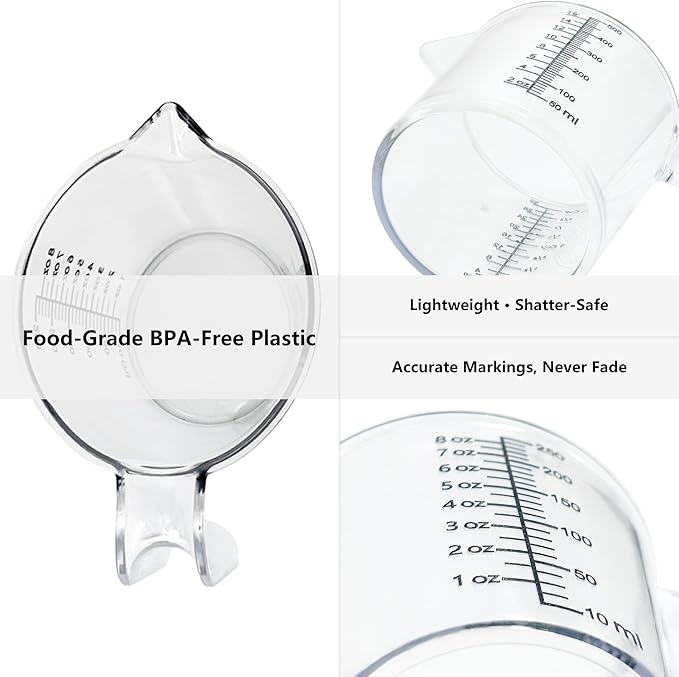 1 Cup Liquid Measuring Cup with Ounces, Food-Grade Plastic Measuring Cup with Permanent Laser-Etched Markings, Clear Single Measuring Cup