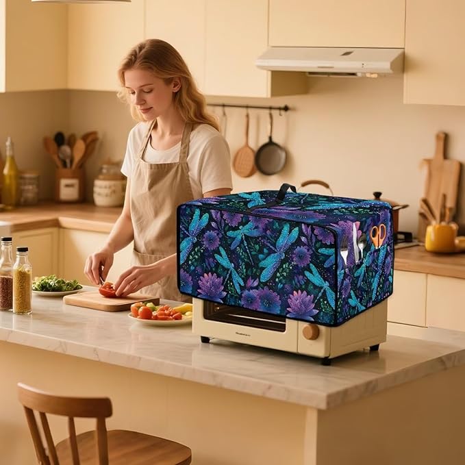 Dragonfly Lotus Print Toaster Oven Cover Compatible with Most Toaster Ovens, Heavy Duty Dust-proof Microwave Oven Cover for Kitchen Counter, Purple (Small-14.5 * 18.46 * 9 inches)