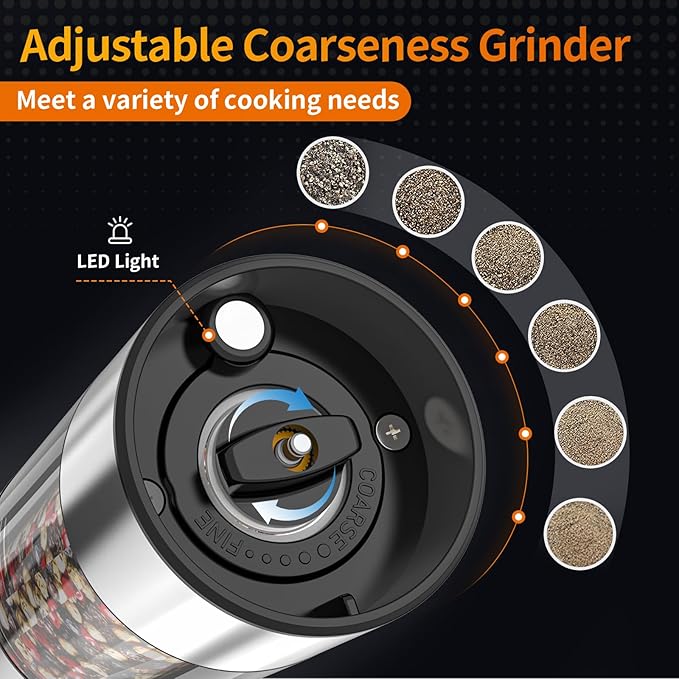 2Pack Electric Salt and Pepper Grinder Set USB Rechargeable with Warm LED Light, Adjustable Coarseness Lidaop Large Capacity Automatic Salt Pepper Mill Shakers for Kitchen, Sliver Set