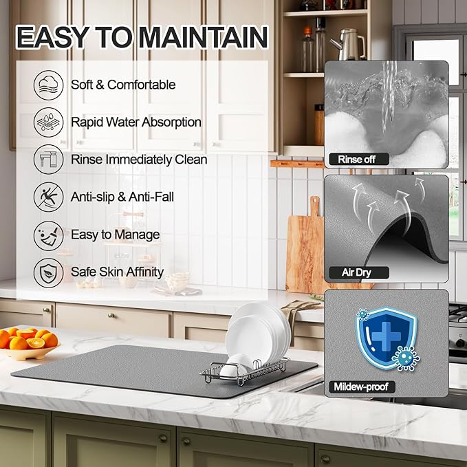 Ecotrim - Dish Drying Mat for Kitchen Counter | Coffee Bar Mat for Countertops | Heat Resistant Drainer Mat with Non-slip Rubber Backed | Hide Stain Kitchen Absorbent Draining Mat | Grey 16"x24"