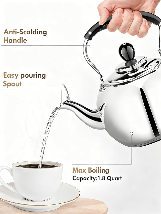 Stovetop Tea Kettle with Whistle - 2.0 Quart 18/8 Stainless Steel Tea Pot for Gas Stove & Electric Coil Stovetop, Food-Safe, Easy-Pour Spout, Mirror Polished Classic Water Kettle
