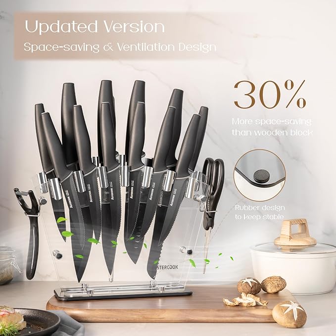 Astercook Knife Set with Block and Sharpener, 22 Piece Kitchen Knife Set Dishwasher Safe, Space-Saving Clear Knife Block with Knives for Everyday Home Cooking Black