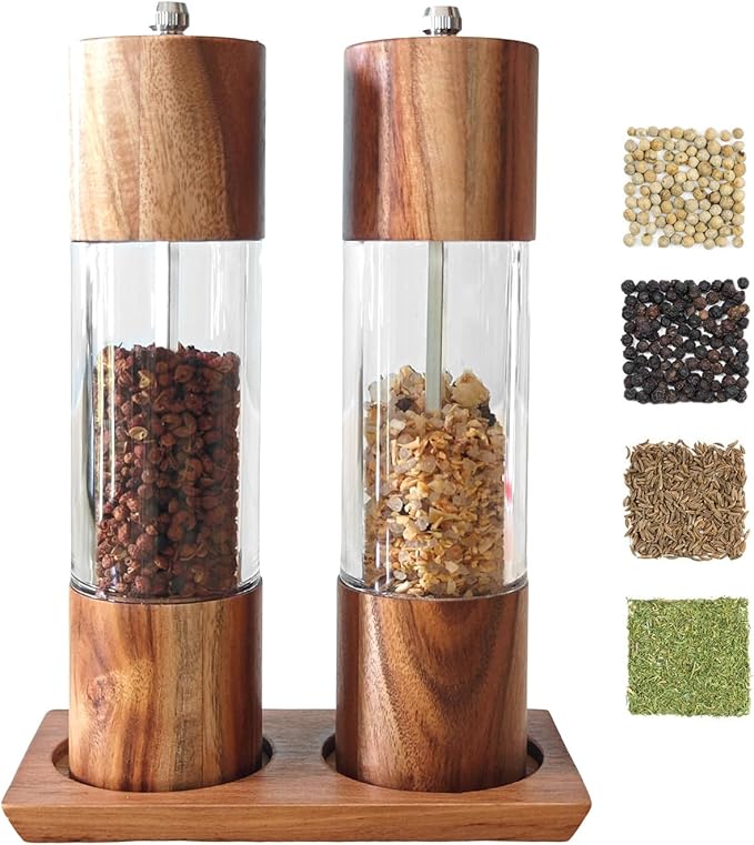 Acrylic Salt and Pepper Grinder Set with Wooden Tray – 8 Inch Manual Pepper Mill & Salt Shaker, Adjustable Ceramic Core, Vintage Gold & Wood Finish, 2-Pack for Kitchen, BBQ, Home Gift