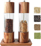 Acrylic Salt and Pepper Grinder Set with Wooden Tray – 8 Inch Manual Pepper Mill & Salt Shaker, Adjustable Ceramic Core, Vintage Gold & Wood Finish, 2-Pack for Kitchen, BBQ, Home Gift