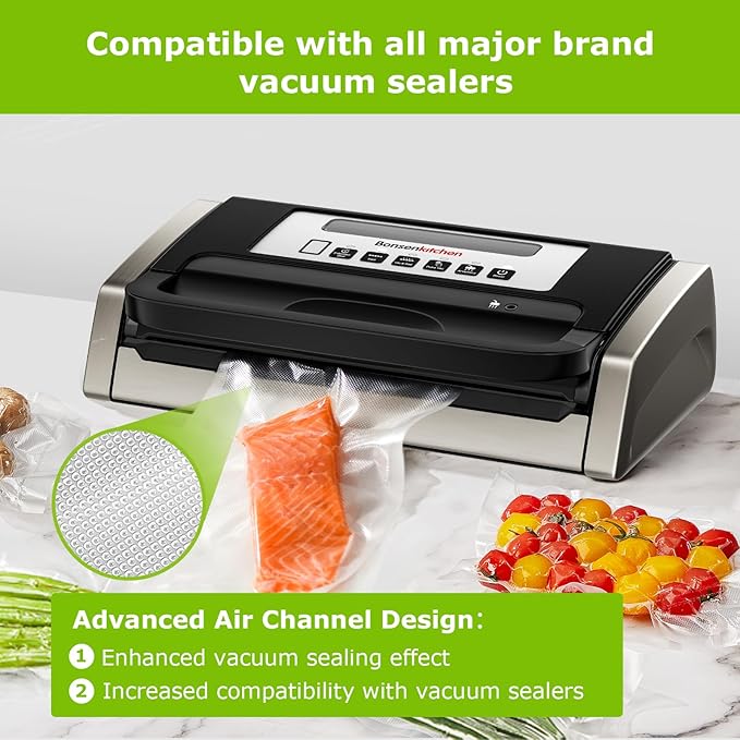 Bonsenkitchen 3 Rolls 11" x 16' + 3 Rolls 8" x 16' Vacuum Sealer Bags for Food with a Color Box, Easy to Store, Commercial Grade, BPA Free, Great for Food Storage or Sous Vide, VB22