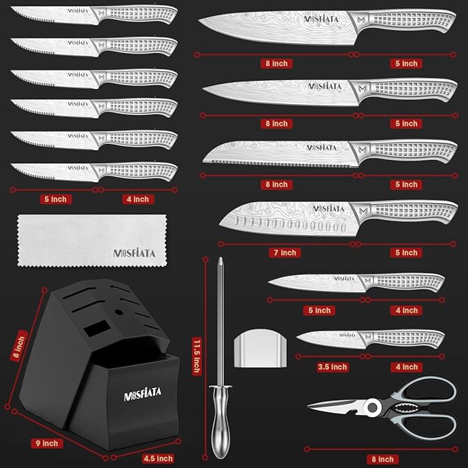MOSFiATA Japanese Stainless Steel Knife Set, 17 Pcs with Block, Knife Sharpening Rod, Dishwasher Safe, Dad Birthday Gift