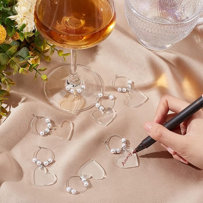 BENECREAT 20pcs Acrylic Blank Wine Glass Charms, Heart/Flat Round Charms for Birthday Holiday Wedding Party