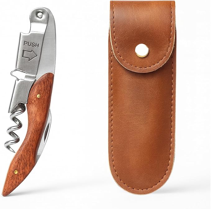 Professional Waiter’s Corkscrew – Double-Hinged Wine Opener with Wooden Handle & Leather Case, Durable Stainless Steel Wine Key for Bar, Restaurant & Home