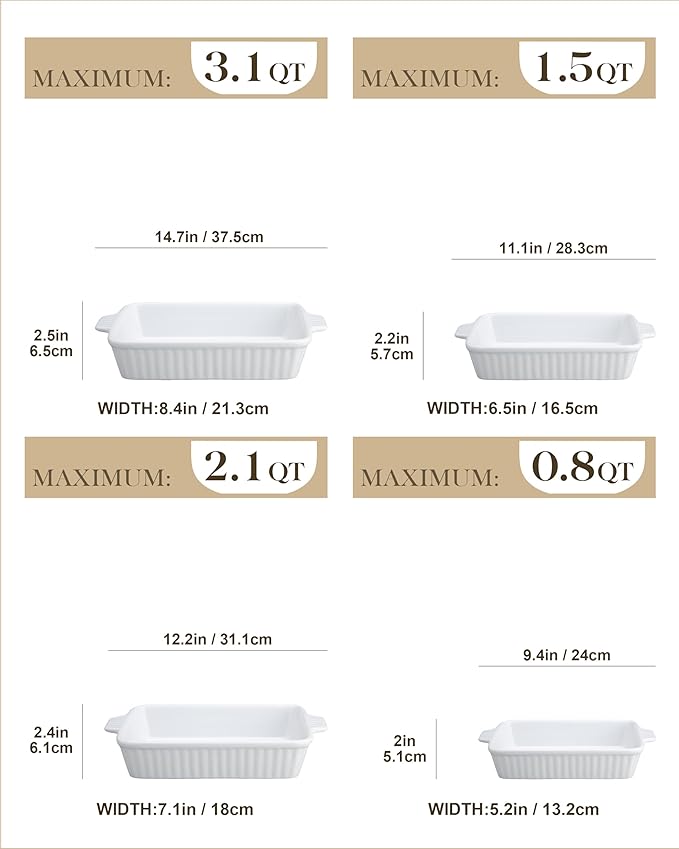 MALACASA Casserole Dishes for Oven, Porcelain Baking Dishes, Ceramic Bakeware Sets of 4, Rectangular Lasagna Pans Deep with Handles for Baking Cake Kitchen, White (9.4"/11.1"/12.2"/14.7"), Series
