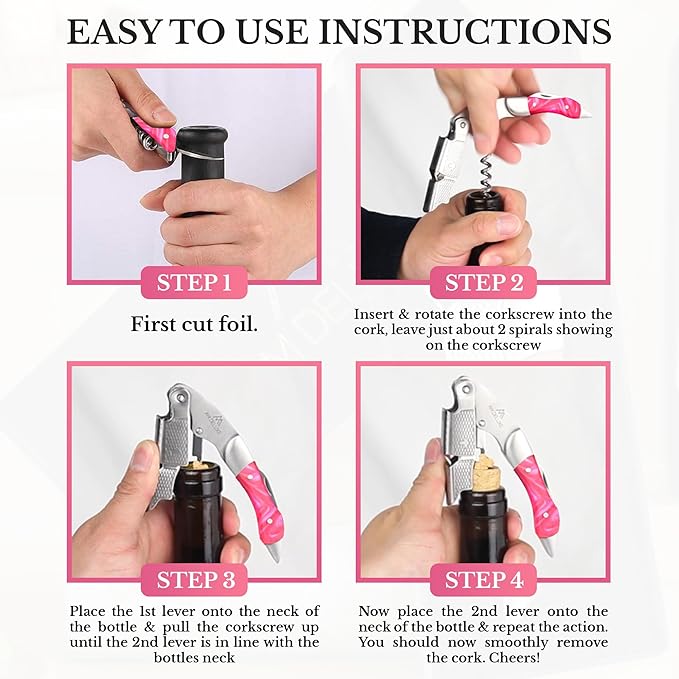 Waiters Corkscrew Wine Opener - Double-Hinged Fulcrum 3-In-1 Cork Screw Wine Bottle Opener Heavy Duty Stainless Steel & Resin Flamingo. Serrated Foil Cutter. Beer Opener. Magnetic Gift Box