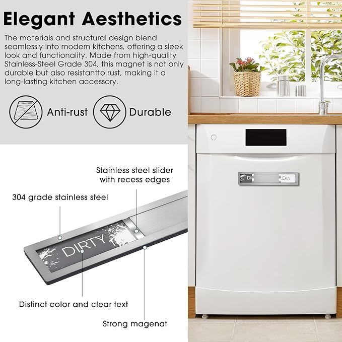Clean Dirty Magnet for Dishwasher, Premium Stainless Steel, Dirty/Clean Speckled Design, Durable Magnet & Clear Indicators with Extra Tape (Silvery-Gray-01)