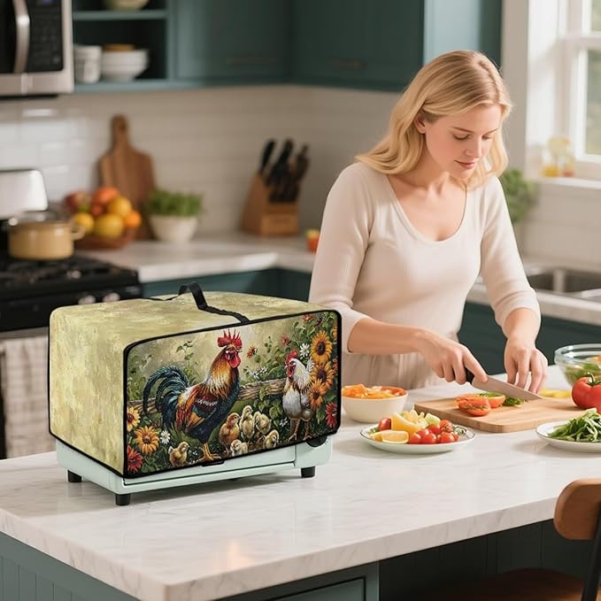Rooster Sunflower Print Toaster Oven Dust-proof Cover Heat-Resistant Kitchen Small Appliance Air Fryer Covers Universal Washable Microwave Oven Covers (Large-18.5 * 22.5 * 12.99 inches)