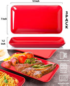 DELLING 12 Inch Rectangular Serving Platter Set of 3, Red Porcelain Serving Plates, Appetizer Salad Dessert Trays for Party, Christmas Valentine's Day Entertaining, Microwave Dishwasher Oven Safe