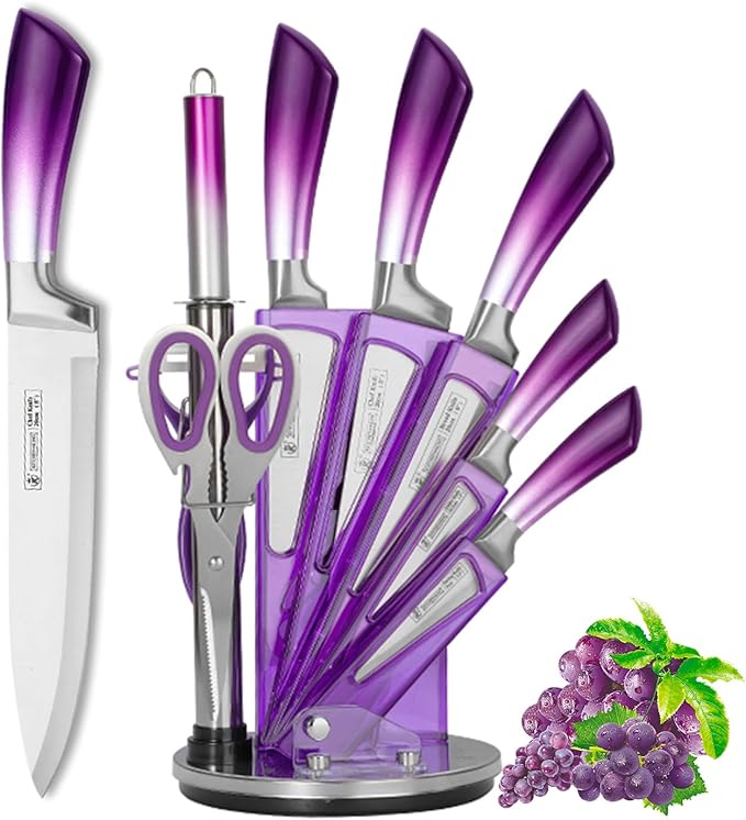 Purple Professional 9-Piece Kitchen Knife Set with Acrylic Block - Non Stick Sharp Stainless Steel Chef Knives with Sharpener,Gift for Home Kitchen Women