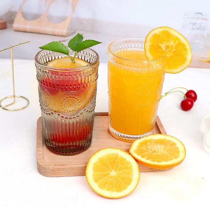 Loivttvv 6pcs Vintage Drinking Glasses Set, 12 oz Tawny Highball Glasses, Embossed Ribbed Glassware Cups for Cocktail, Water, Juice, Coffee, Whiskey