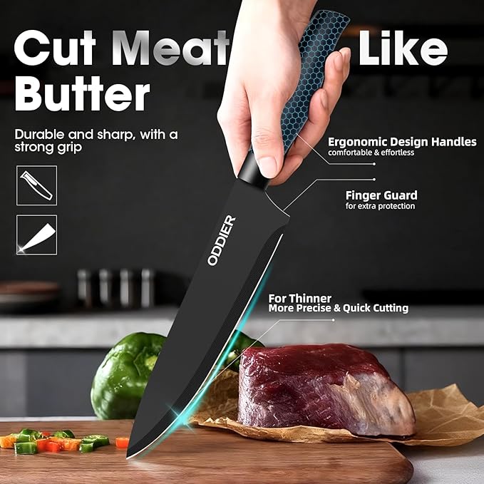 Kitchen Knife Ket with block, Knife Block Set, Anti-Rust High Carbon German Stainless Steel Knife Set, 7 Piece Chef Knife Set, New Home Apartment Essentials, Dishwasher Safe, Black