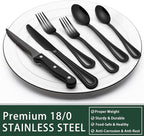 EWFEN 24-Piece Black Silverware Set with Steak Knives, Black Flatware Set for 4, Food-Grade Stainless Steel Tableware Cutlery Set, Mirror Finished Utensil Sets for Home Restaurant, Pearled Edge