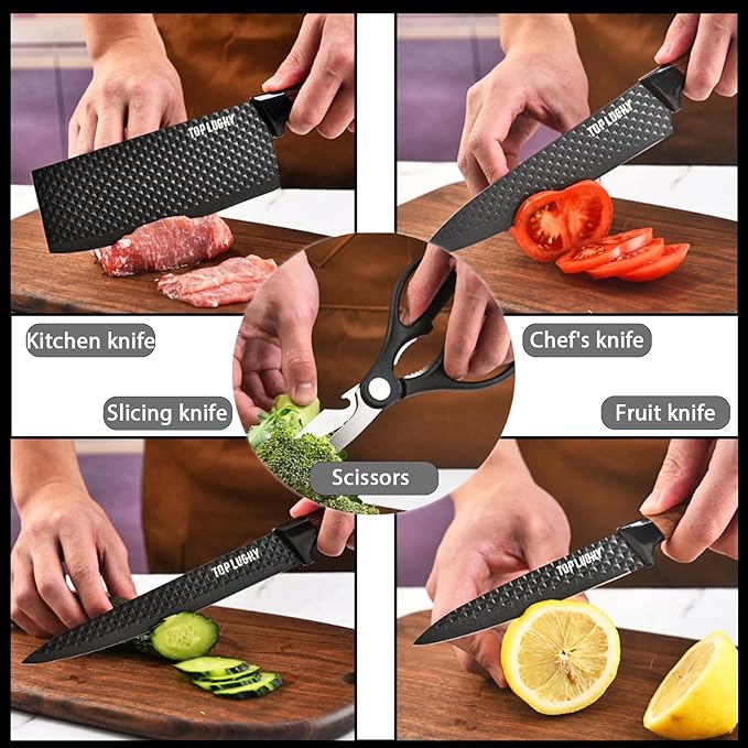 Knife Set, 10 Pieces Professional Kitchen Knife Set with Universal Knife Block, Non-stick Heat Resistan Kitchen Tools and Gadgets with Wooden Handle (Black)