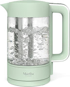 Martha Stewart Electric Kettle with Removable Stainless Steel Tea Infuser, Glass Carafe 1.7L (7 Cups), Hot Water Boiler, 4 Presets, Keep Warm & Auto Shut-Off, Cordless 360° Swivel Base, Honeydew Green