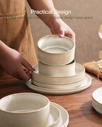 Famiware Star Dinnerware Set with Mugs, Service for 4 (16pcs), Ribbed Stoneware Plates and Bowls Dishes Sets - Chip & Scratch Resistant, Microwave & Dishwasher Safe, Cappuccino White