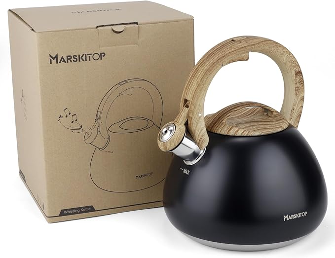 MARSKITOP Tea Kettle for Stove Top, Whistling Kettle Teapot for Stovetop, Food Grade Stainess Steel Teakettle with Cool Touch Ergonomic Handle, 2.6 Quart, Black