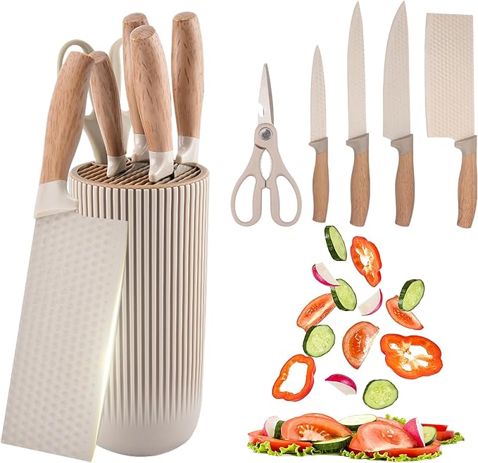 Kitchen Knife Set,6-Piece Khaki Kitchen Knife Set with Knife Block – Non-Stick Stainless Steel Sharp Blades, Anti-Rust & Ergonomic Design for Home, Restaurant,Outdoor