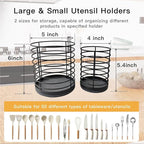 Set of 2 Utensil Holder, Large Metal Kitchen Utensil Holder and Small Silverware Holders with Diatomite Stone Base, Prevents Water Buildup, Utensil Drying Rack for Cooking Tools&Silverware, Black
