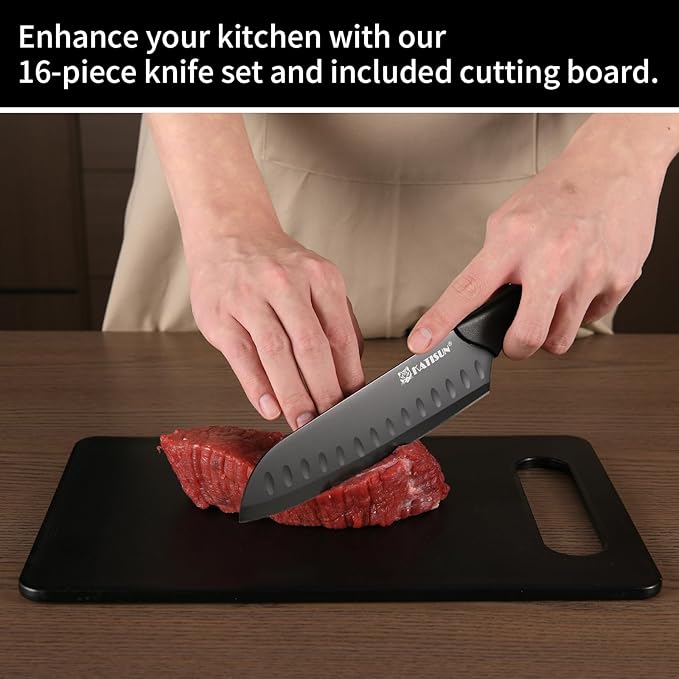 16 Pieces Kitchen Knife Block Set with Cutting Board, German Stainless Steel Knife Set with Sharpener, Dishwasher Safe, Anti-Slip Handle, 6 Steak Knives, Black
