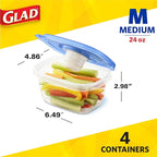 Glad GladWare To Go Snack Food Storage Containers with Lids, Medium Rectangle No BPA Plastic with Built-In Dressing Cup for Salads and Snacks, Microwave Dishwasher Safe, 24 Oz, 4 Count - 6 Pack