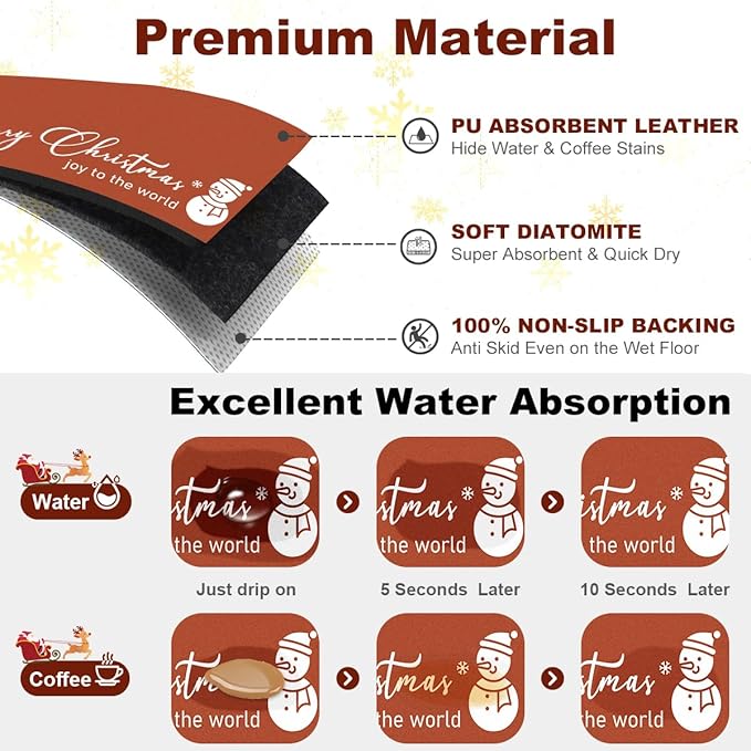 Findosom Christmas Dish Drying Mat, 12" x 20" Super Absorbent & Cuttable Dish Mat with Hello Sunshine Pattern, Hide Stain Drying Mat for Kitchen Counter Coffee Maker Dining Room Decoration, Red