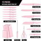 E-far Knife Set with Block, 15 Pieces Kitchen Knife Block Set with Sharpener, High Carbon Stainless Steel Sharp Chef Knife Set with Ergonomic Handles, Anti Rust, Pink