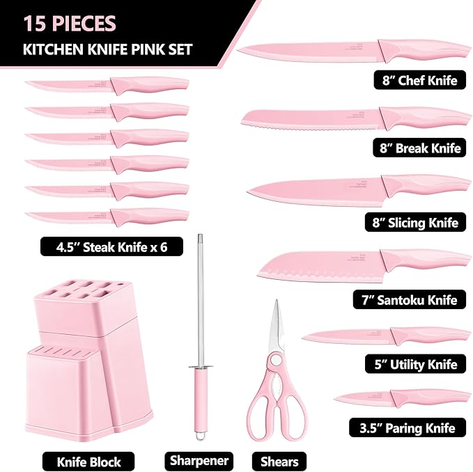 E-far Knife Set with Block, 15 Pieces Kitchen Knife Block Set with Sharpener, High Carbon Stainless Steel Sharp Chef Knife Set with Ergonomic Handles, Anti Rust, Pink