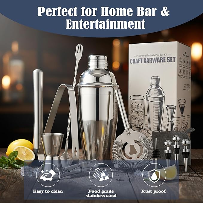 13-Piece Bartender Kit Bar Tool Set – Boston Cocktail Shaker Set with Muddler,Strainer,Jigger,Spoon–Home Bar Accessories and Drink Mixer Gift for Bartesian,Housewarming, Bar Cart Decor
