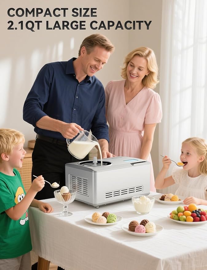 COUPLUX Ice Cream Maker, Fastest Freezing 2.1QT Ice Cream Machine with Built-in Compressor Easy Operate & Clean Automatic Ice Cream Maker Machine All Stainless Steel, LCD Display