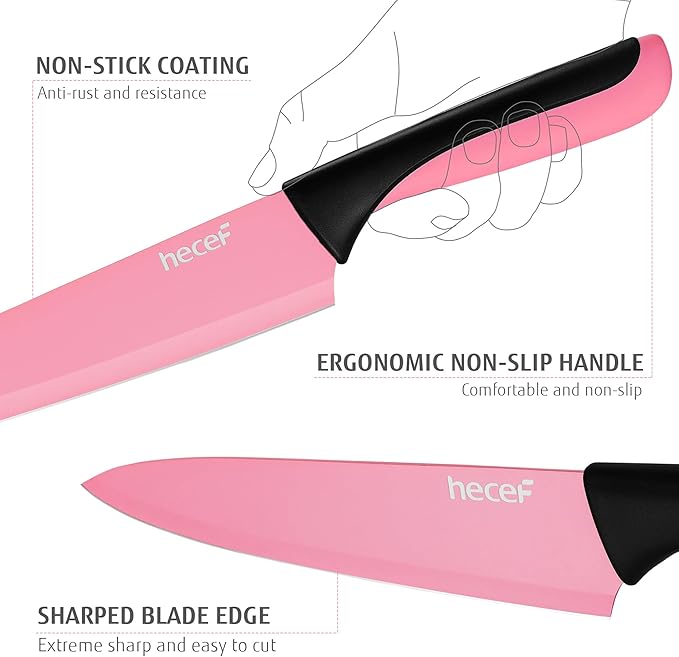 hecef 13 Pieces Kitchen Knife Set with Built-in Sharpening Wooden Block, Dishwasher Safe, High Carbon Stainless Steel Knife Block Set with Steak Knives, Kitchen Scissors, Pink