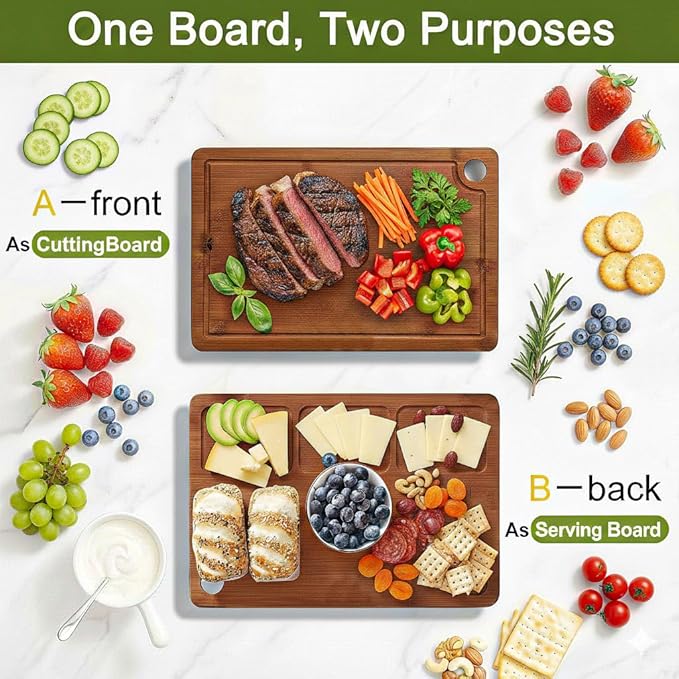 Bamboo Cutting Board for Kitchen, Wooden Cutting Board 3-Piece Set with Non-Slip Mat Deep Juice Groove, Wood Cutting Board for Meat Vegetables Fruit