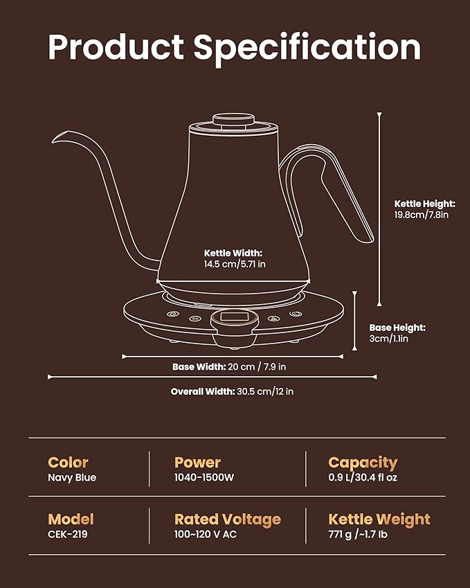 INTASTING Gooseneck Electric Kettle, ±1℉ Temperature Control, Stainless Steel Inner, Quick Heating, for Pour Over Coffee, Brew Tea, Boil Hot Water, 0.9L (Navy Blue)