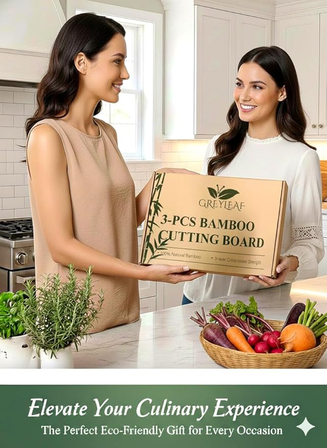 Bamboo Cutting Board for Kitchen, Wooden Cutting Board 3-Piece Set with Non-Slip Mat Deep Juice Groove, Wood Cutting Board for Meat Vegetables Fruit