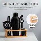Modern Mixology Cocktail Shaker Set - Bartender Kit with Pine Stand | Leak-Proof Design | Includes Martini Shaker, Jigger, Strainer, Spoon, Tongs | Perfect Bar Tools Gift for Home Mixology (Black)
