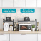 DOLALIKE Microwave Oven Rack, Expandable Microwave Stand Kitchen Countertop Organizer Utensils Storage, Carbon Steel Over Microwave Shelf with 3 Hooks (Black, 2 Tier- With Storage)