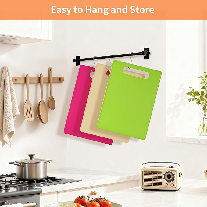 Luckyiren Cutting Board Set of 4, 11.4" x 7.5" x 0.1", Red Green Yellow White, Plastic Kitchen Cutting Boards with Juice Groove & Handle Hole, Lightweight & Dishwasher Safe