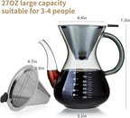Unbreakable - Pour Over Coffee Maker with Double Stainless Filter 27 fl oz, Thickened Heat-Resistant Borosilicate Glass Pour Over Coffee Dripper, Stovetop Safe